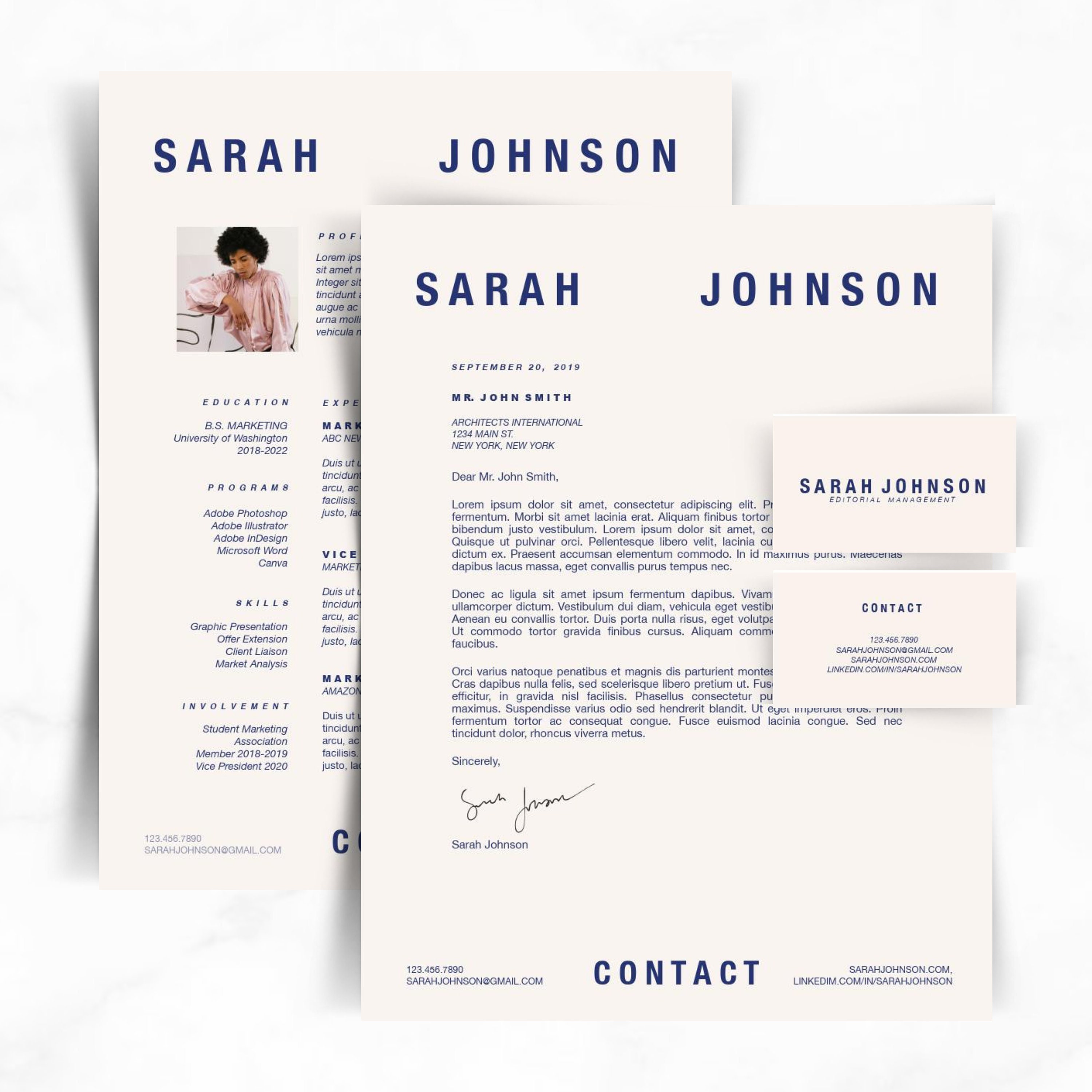 Sarah Suite In Cobalt Resume Resume Template Cover Letter Etsy