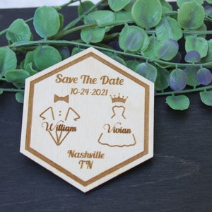 Hexagon Save The Date Magnet Wooden Groom and Bride -Custom Groom and Bride  Magnet -  Wedding Invites- Custom Save The Date Magnet