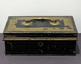 Antique Victorian Painted Black Metal and Brass Safe/Cash Box/Lock Box.  No Key.