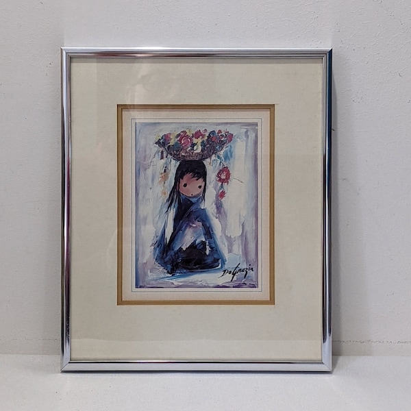 Little Blue Girl, From an Original by DeGrazia, Gallery in the Sun - Tucson Arizona. Vintage.  Framed, Matted and Under Glass.Ready to Hang.