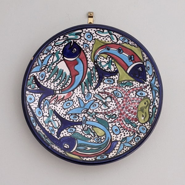 Vintage Mediterranean Fish Motif, Hand painted Ceramic Display Plate.  Blue/Green/Rose on White.  Ready to Hang.