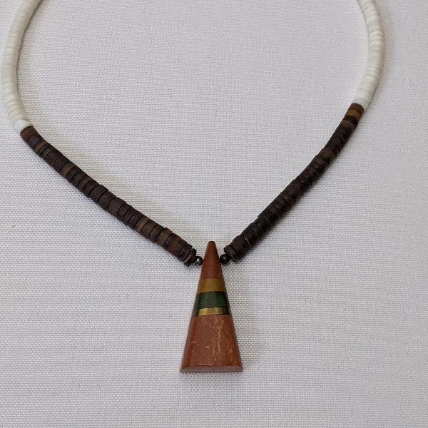 Vintage Native American Santo Domingo Pueblo (Kewa) Triangle Multi Stone and Metal Inlay Pendant on Heishi Shell Necklace.