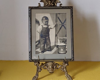 Vintage Sepia Tone Photographic Print Framed and Under Glass of Toddler Eyeing a Bucket of Crown & Anchor Decorators Pure White Lead Paint.