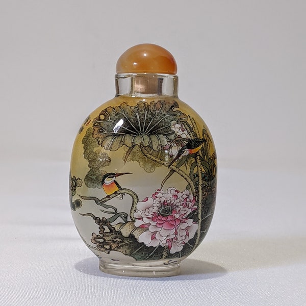 Xu Bu's Inside Painted Glass Flora and Fauna Snuff Bottle. Chrysanthemums and Kingfishers. Carnelian and Wood Stopper. Signed.