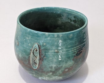 Vintage Studio Pottery Raku Vessel in Teal and Copper Metallic Hues.  Oblong Shaped. Signed.