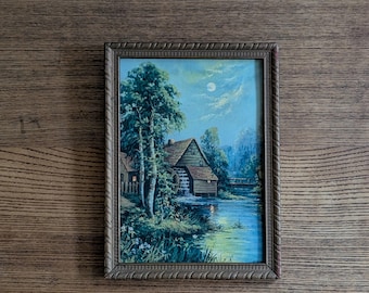 Watermill Print Vintage Goes Litho GP 2046 Nocturne Moonlit Cabin Landscape
