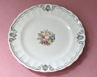 Antique Patrician Imperial Ware Plate, Platinum White Gold Borders, Canadian Floral China 8"