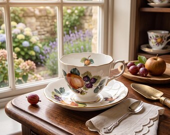 Taza y platillo de té Royal Vale Apple Berry, Ridgway, Inglaterra, porcelana fina, arte frutal