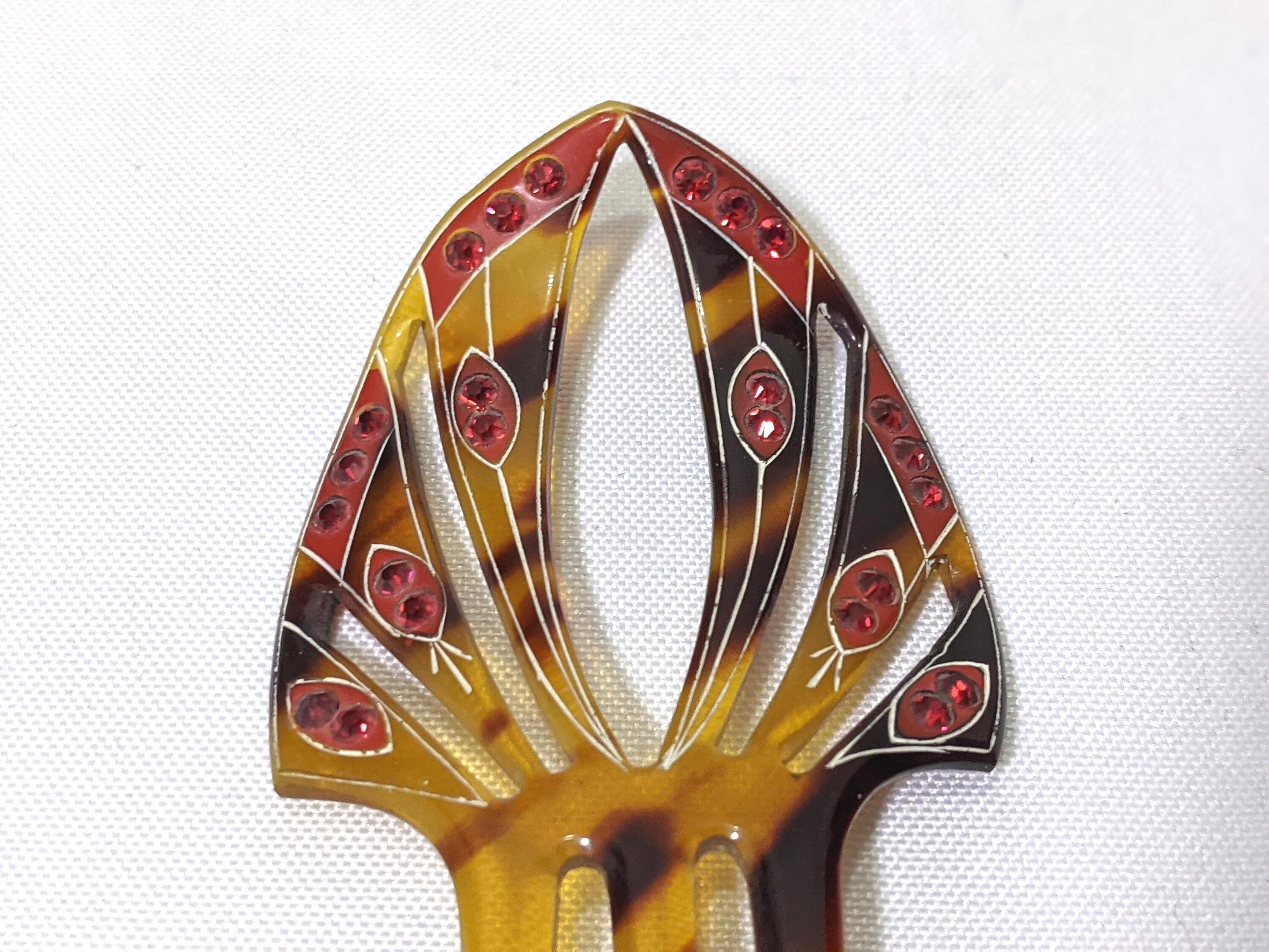 Art Deco Hair Comb: Faux Tortoise Shell Celluloid, Red 