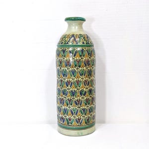 Antique Fez Pottery Vase: Moroccan Hand-Painted Ceramic Vessel, 13.75"