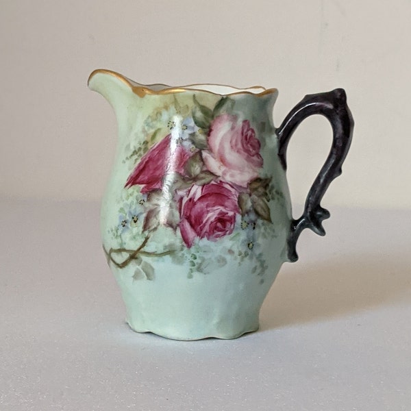 Zeh Scherzer Bavaria Germany Porcelain Hand Painted Antique Creamer, Green with Pink Roses.