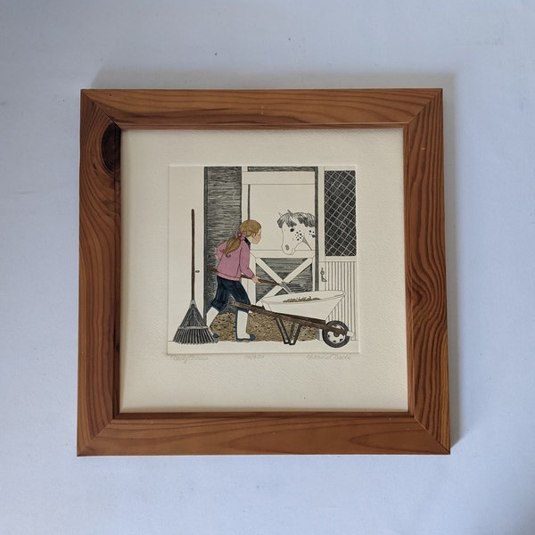 Hand Colored Etching Limited Edition Print Signed and Numbered, 141/350, Yvonne Davis, "Daily Chores". Framed and Under Glass. Ready to Hang