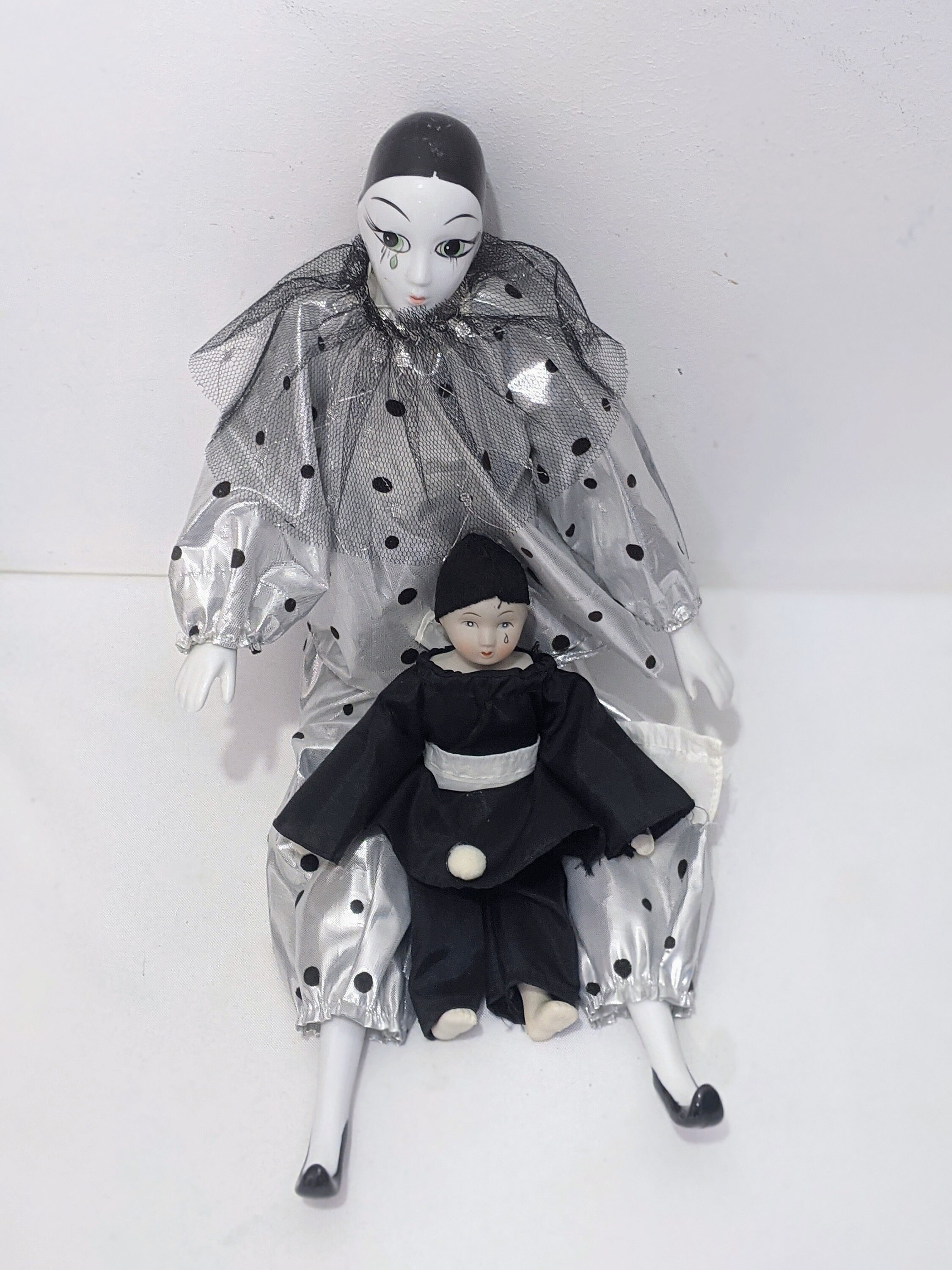Large Vintage Harlequin Porcelain Doll in White W/ Black