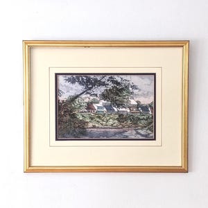 Nicole Ouellet Original Hand Colored Etching Framed Matted Quebec Village Art
