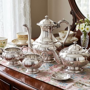 Service à thé Birks Primrose Plate 4 pièces - Cafetière et théière en métal argenté