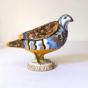 Hand Painted Faience Partridge Lidded Box, Signed GM Spanish Pottery Trinket Dish