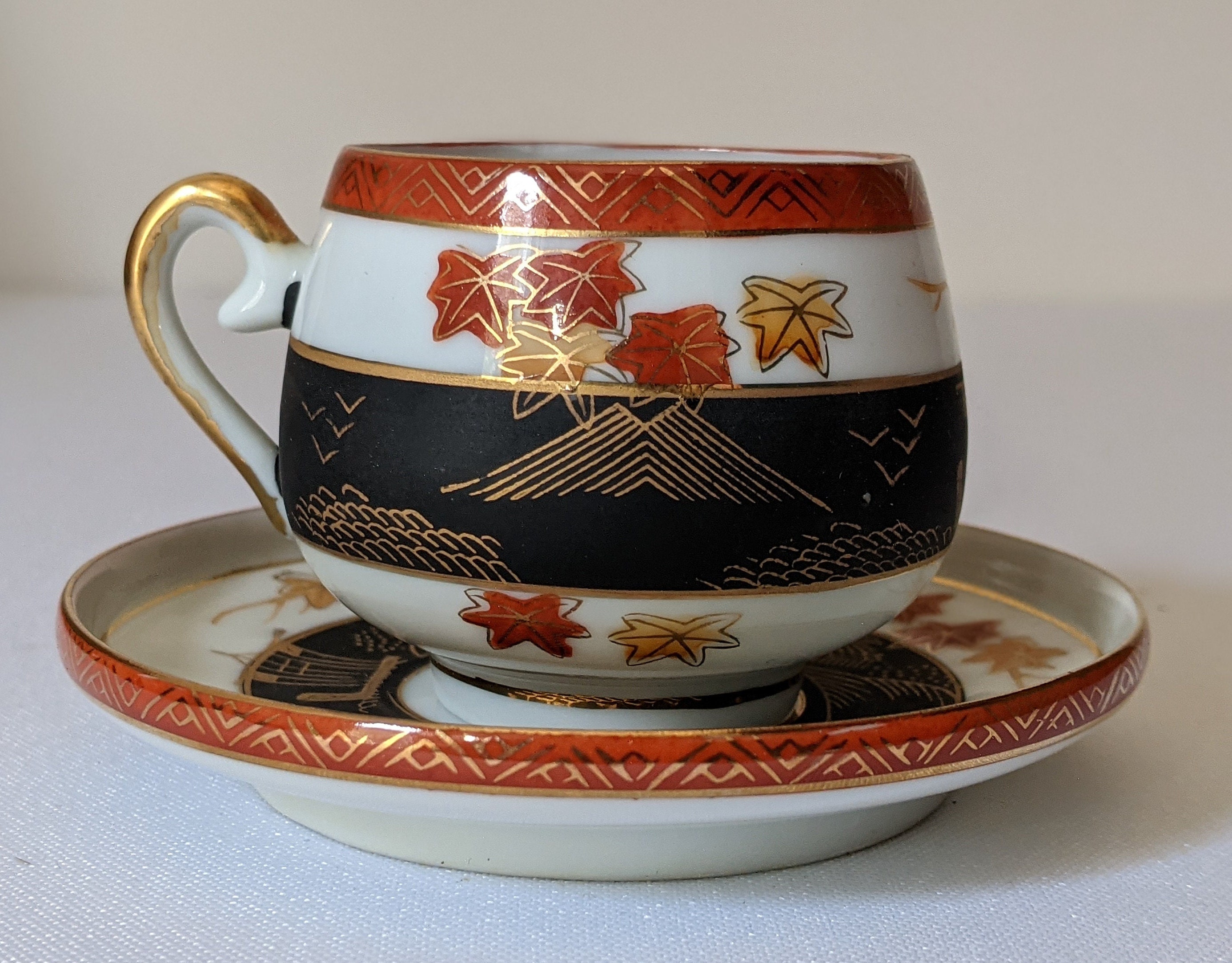 Vintage Kutani China Hand Painted Cup and Saucer Mountains Vintage Kutani China Hand Painted Cup and Saucer Mountains