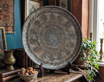 Persian Copper Tray Qalamzani Etched Paisley Platter Large 15 Inch Heavy