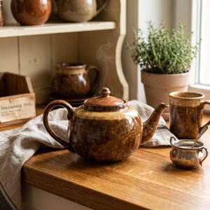 May include: A round ceramic teapot with a mottled brown and tan glaze, featuring a matching lid and a curved handle. Steam rises from the top of the teapot, which sits alongside a matching ceramic mug and a small silver-toned metal sugar bowl.