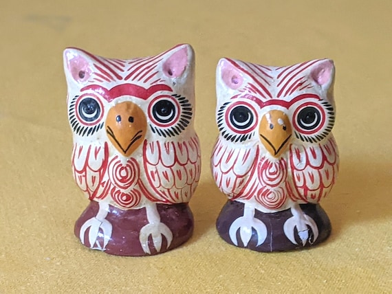 Owl Figurines Vintage Hand Painted Folk Art Ceramic Handmade Pair