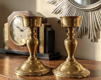 Art-déco-Kerzenständer aus Messing, Vintage-Kerzenhalter im Hollywood-Regency-Stil, modulares Paar aus massivem Messing, 15 cm