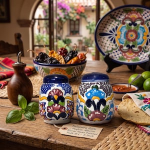 May include: Two hand-painted ceramic salt and pepper shakers featuring blue, yellow, and red floral patterns on a white background. A paper tag reads: Talavera Lafe - Puebla, Mexico - Floral Hand Painted Folk Art - 3-Inch.