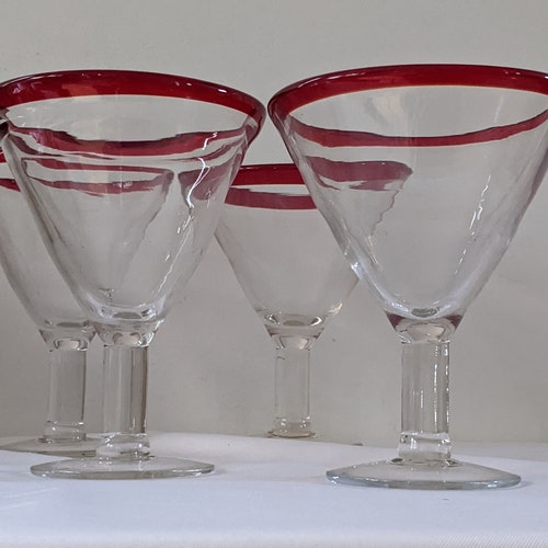 Large Hand Blown Martini Glass shops Red Rim Clear Stem Thick Glass 6.75