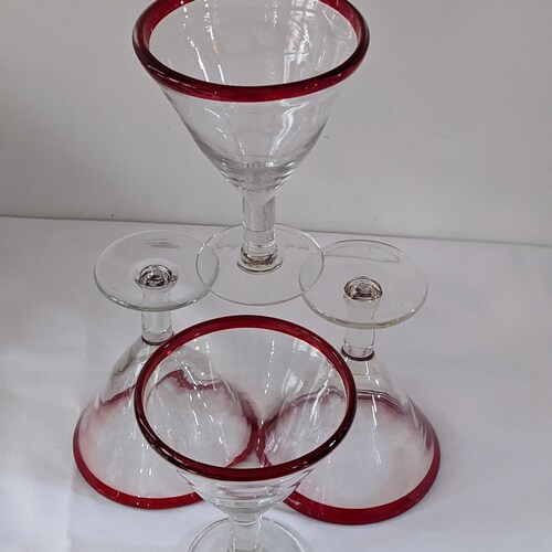 Large Hand Blown Martini Glass shops Red Rim Clear Stem Thick Glass 6.75