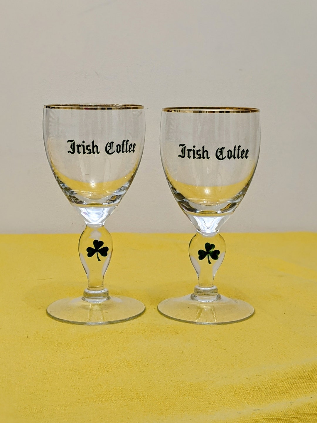 Vintage Irish Coffee Glasses Set of 2 Gold Rim Green Clover Specialty