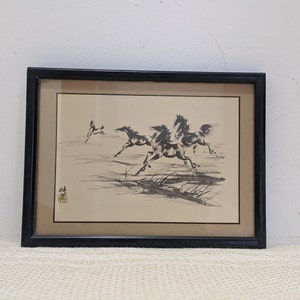 Petite 20th-century Lithograph of a Chinese Ink Brush Painting on Paper. Signed, Framed and Under Glass.