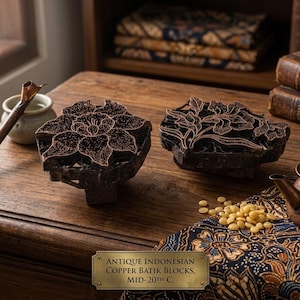 May include: Two antique Indonesian copper batik blocks featuring intricate floral patterns, accompanied by a small copper pouring vessel, a ceramic bowl with a tool, and yellow wax pellets on a patterned fabric, with a plaque reading ANTIQUE INDONESIAN COPPER BATIK BLOCKS, MID-20TH C.