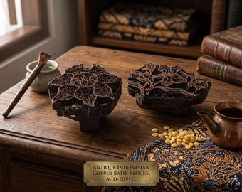 Optimized Suggestion: Antique Indonesian Copper Batik Stamps Pair • Javanese Tjap Industrial Wall Sculpture • Global Boho Shelf Decor