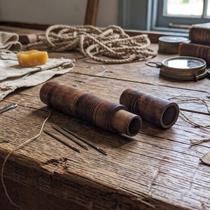 May include: A dark brown wooden needle case with a removable cap, accompanied by several metal sewing needles, a length of twine, pieces of beige fabric, two blocks of yellow wax, a brass compass, and two leather-bound books on a wooden table.