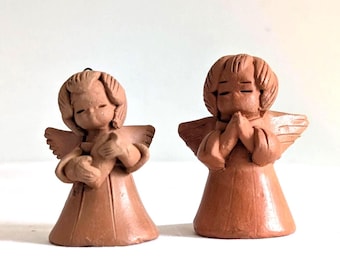 Terracotta Angel Figurines, Pair of Handmade Clay Ornaments, Rustic Christmas Decor, Vintage Spiritual Gift