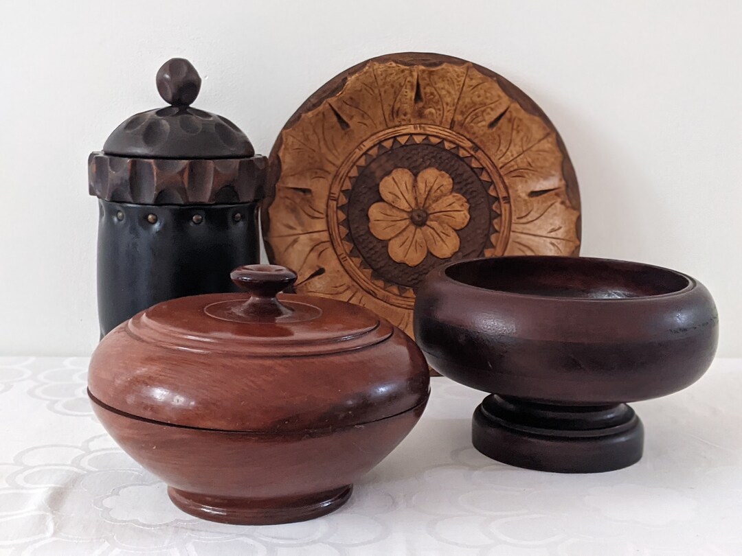 A Vintage Mid Century Quartet of Handmade Wooden Home Decor Pieces