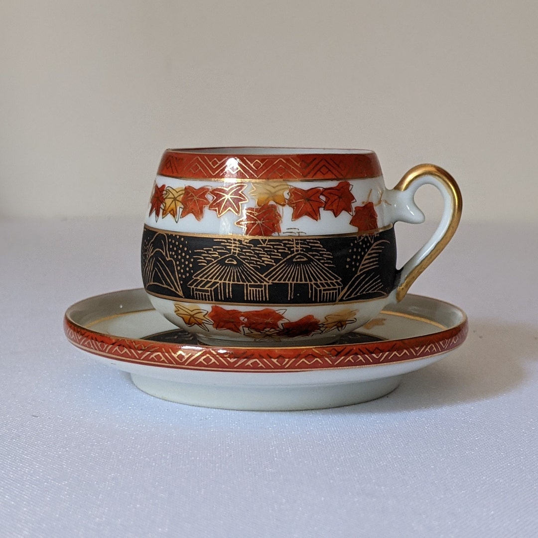 Vintage Kutani China Hand Painted Cup and Saucer Mountains Vintage Kutani China Hand Painted Cup and Saucer Mountains