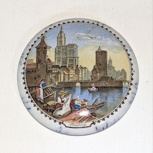 Antique Strasburg River Scene Wall Plaque | Victorian Transferware with Marbled Border