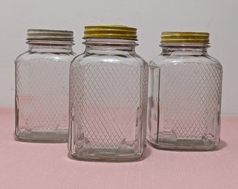 Vintage Owens Illinois Glass Hoosier Glass Jar/Square Canister w Embossed Diamond Grid Pattern on 3 Sides/Square Depression Glass/Art Deco