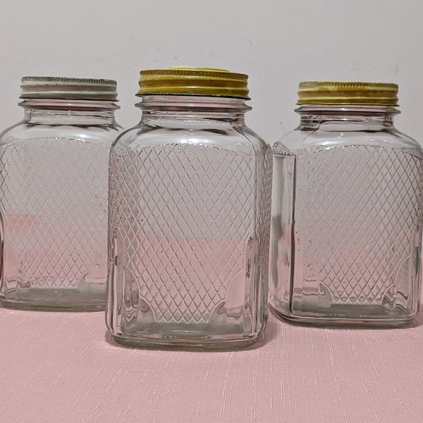 Vintage Owens Illinois Glass Hoosier Glass Jar/Square Canister w Embossed Diamond Grid Pattern on 3 Sides/Square Depression Glass/Art Deco