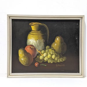 Vintage Still Life Oil Painting: Pears, Apple, Grapes, Framed