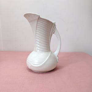 SylvaC 1344 Art Deco Jug, 9.5" Cream Ribbed Vase, Vintage English Pottery White Pitcher