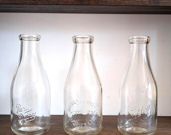 Vintage Ontario Milk Bottle Trio, Borden’s Fort Erie Purity Dairies, Embossed Glass Quart