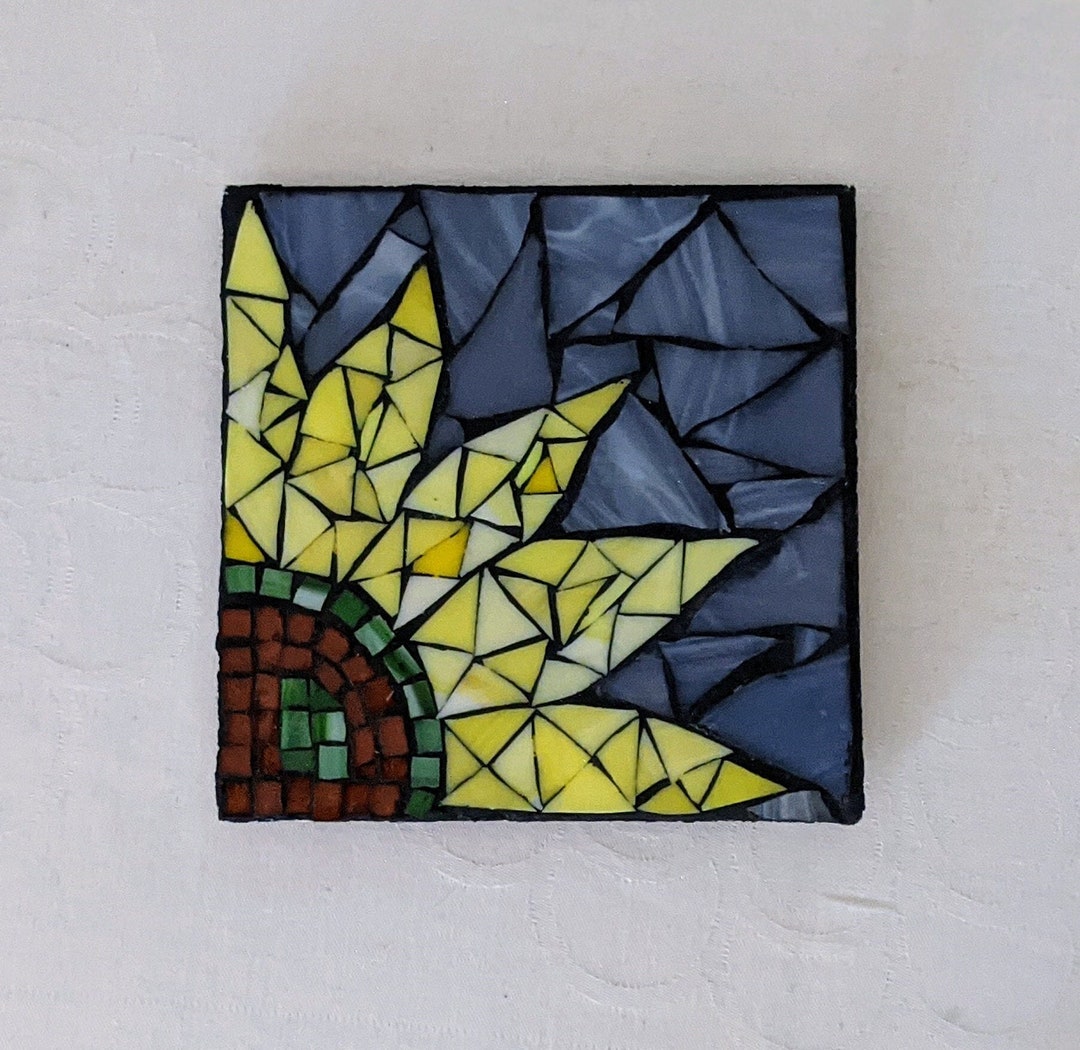 Vintage Decorative Mosaic Tile Made in Italy. Sunflower and Blue Sky