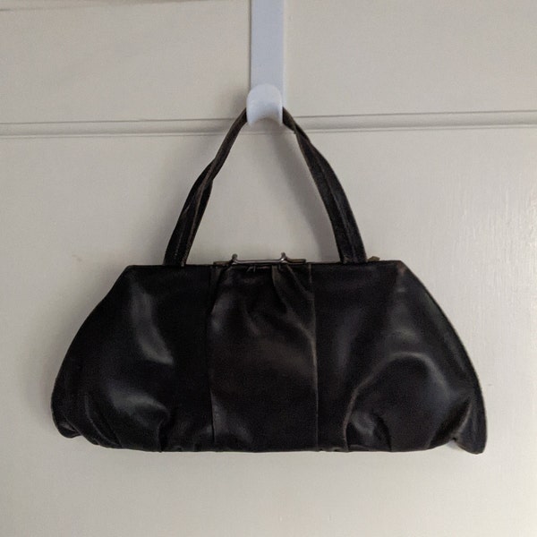 Vintage Tarkor Black Leather Handbag and Change Purse on Attached Chain, Butter Soft, Art Deco, 1930’s Vintage. Made in France.