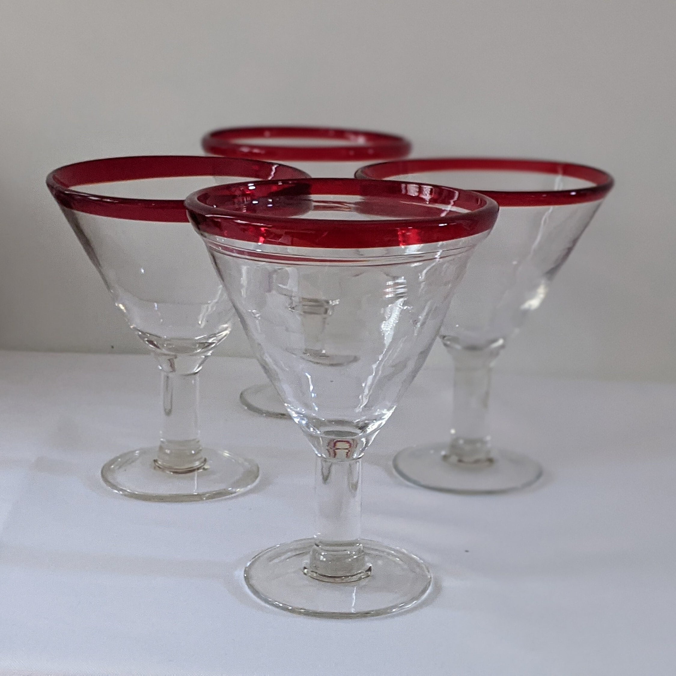 Pair of Tall Red Martini Glasses/red Bowl Clear Stem Cocktail Glasses 