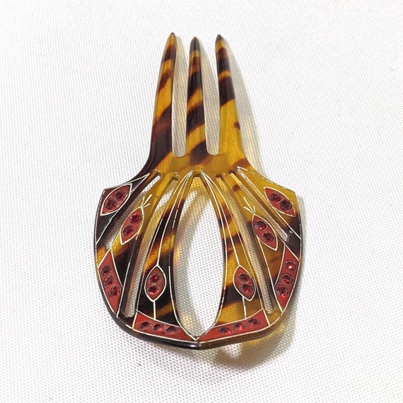 Vintage Art Deco Faux Tortoise Hair Comb Red Rhinestone Ornate Open Work Vintage Hair Comb, Rhinestones Tortoiseshell Comb , Vintage  main image 4