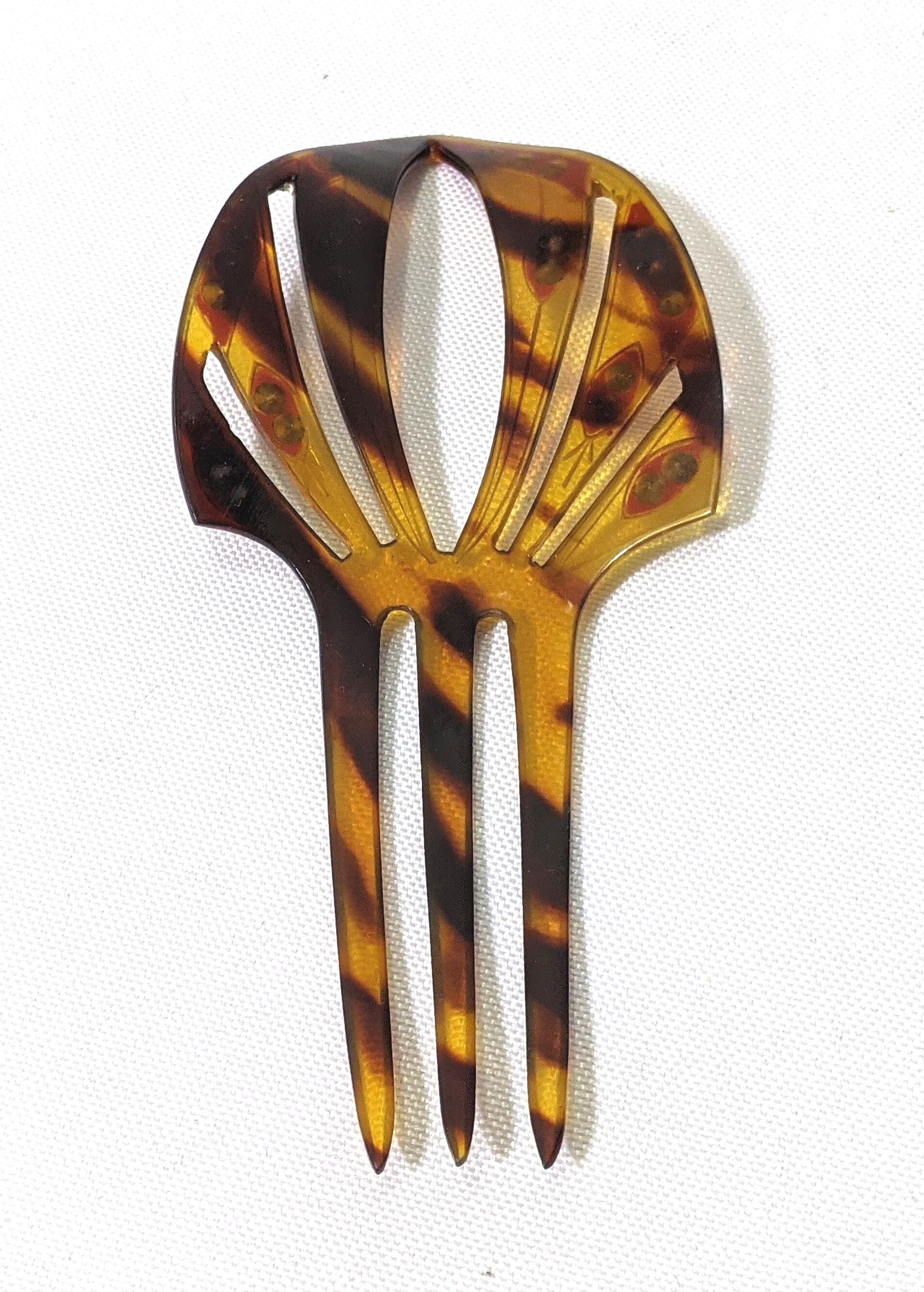 Vintage Art Deco Faux Tortoise Hair Comb Red Rhinestone Ornate Open Work Art Deco Hair Comb: Faux Tortoise Shell Celluloid, Red  main image 3