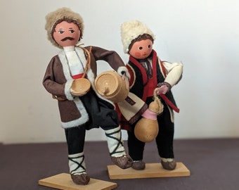 Vintage Bulgarian Handcrafted Wooden Folk Dolls in Traditional Dress. Wood - Felt - Leather.  Two to Choose From.