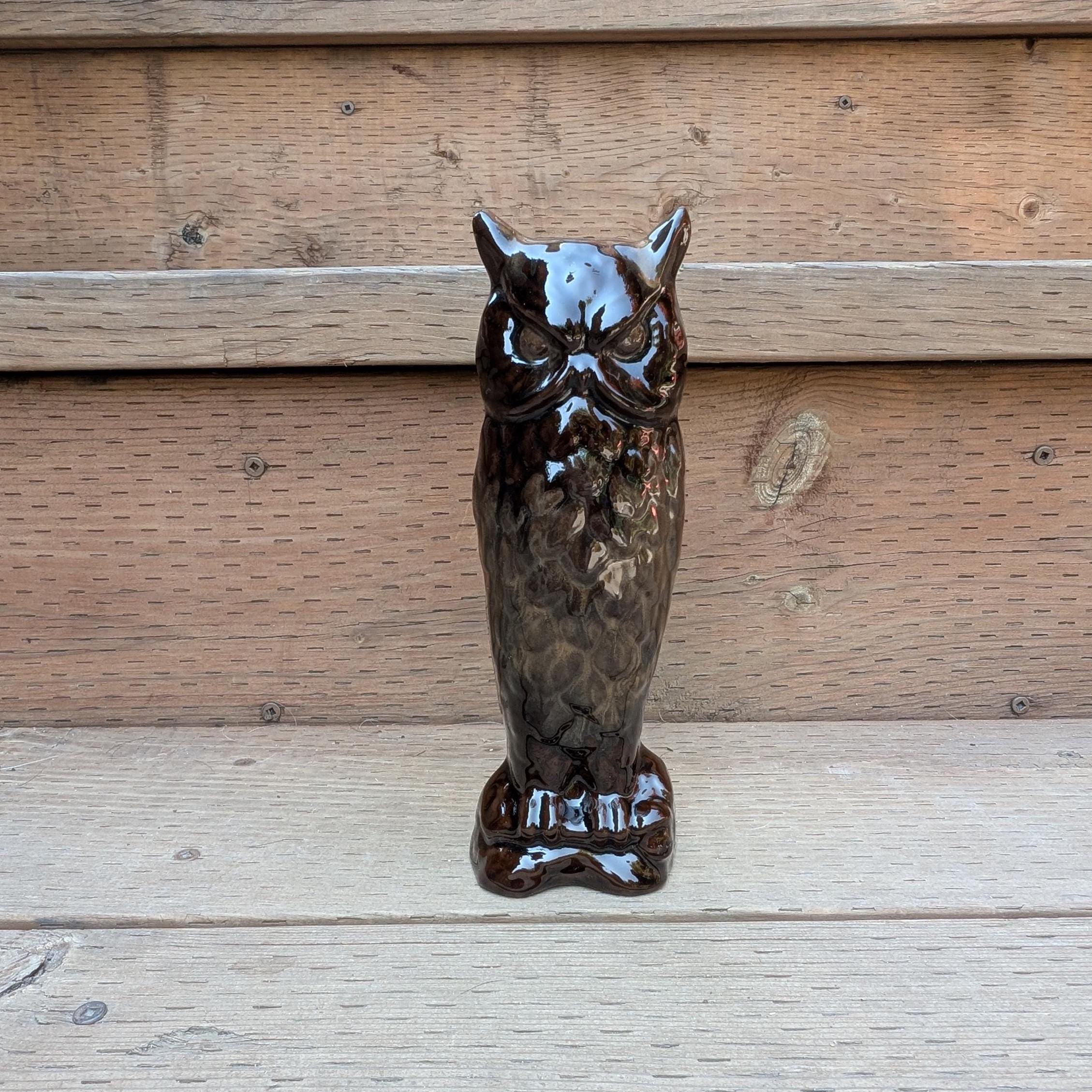 Vintage Ceramic Owl Statue | Dark Brown Two-Tone Glaze Figurine | Mid-Century Modern Desk Decor | Wi