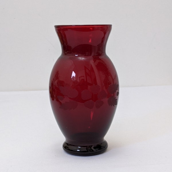 Vintage 1950s Anchor Hocking Ruby Red Glass Etched Flower Vase 6.25" Tall